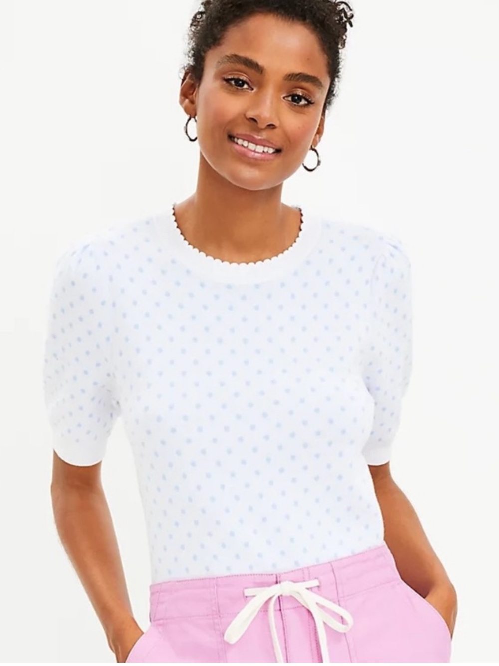 LOFT Women’s Blue & White Polka Dot Short Sleeved Knit Crewneck (100% Cotton)